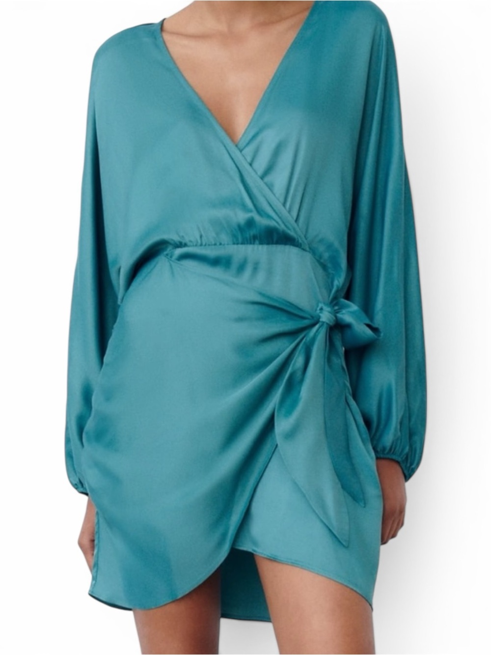 Zara Teal Satin Effect V-Neck Faux Wrap Batwing Sleeve Mini Dress Sz M